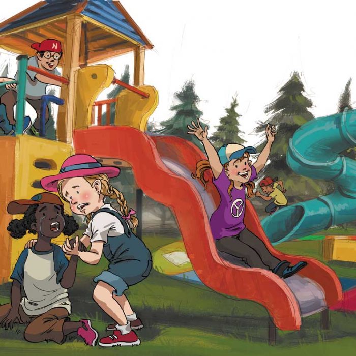 playground with child on a slide and two girls helping each other